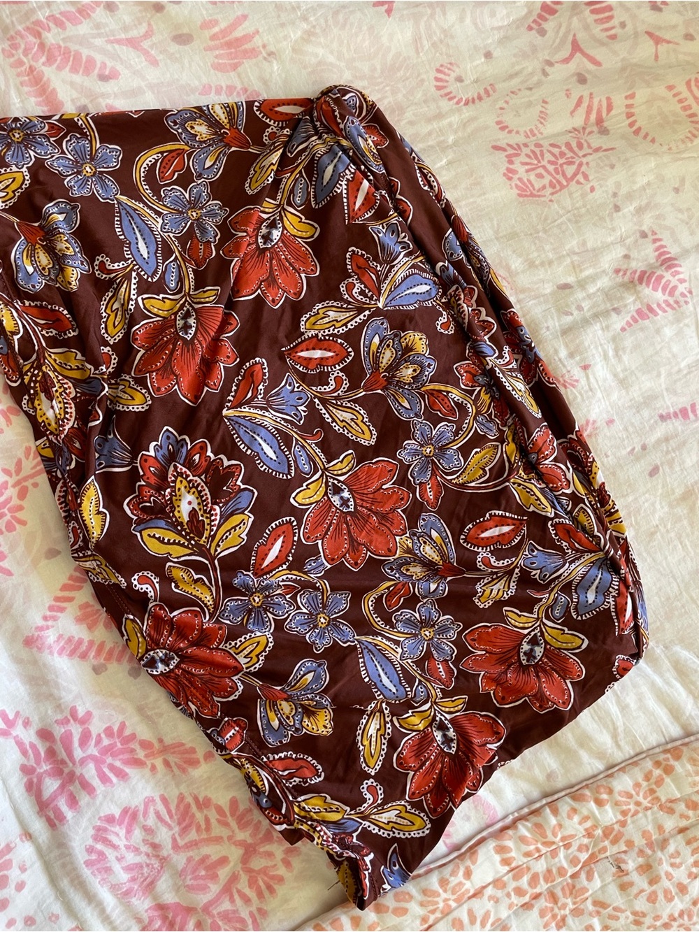Floral Print Brown Bathing Suit Skort with Red, Blue & Yellow Flowers